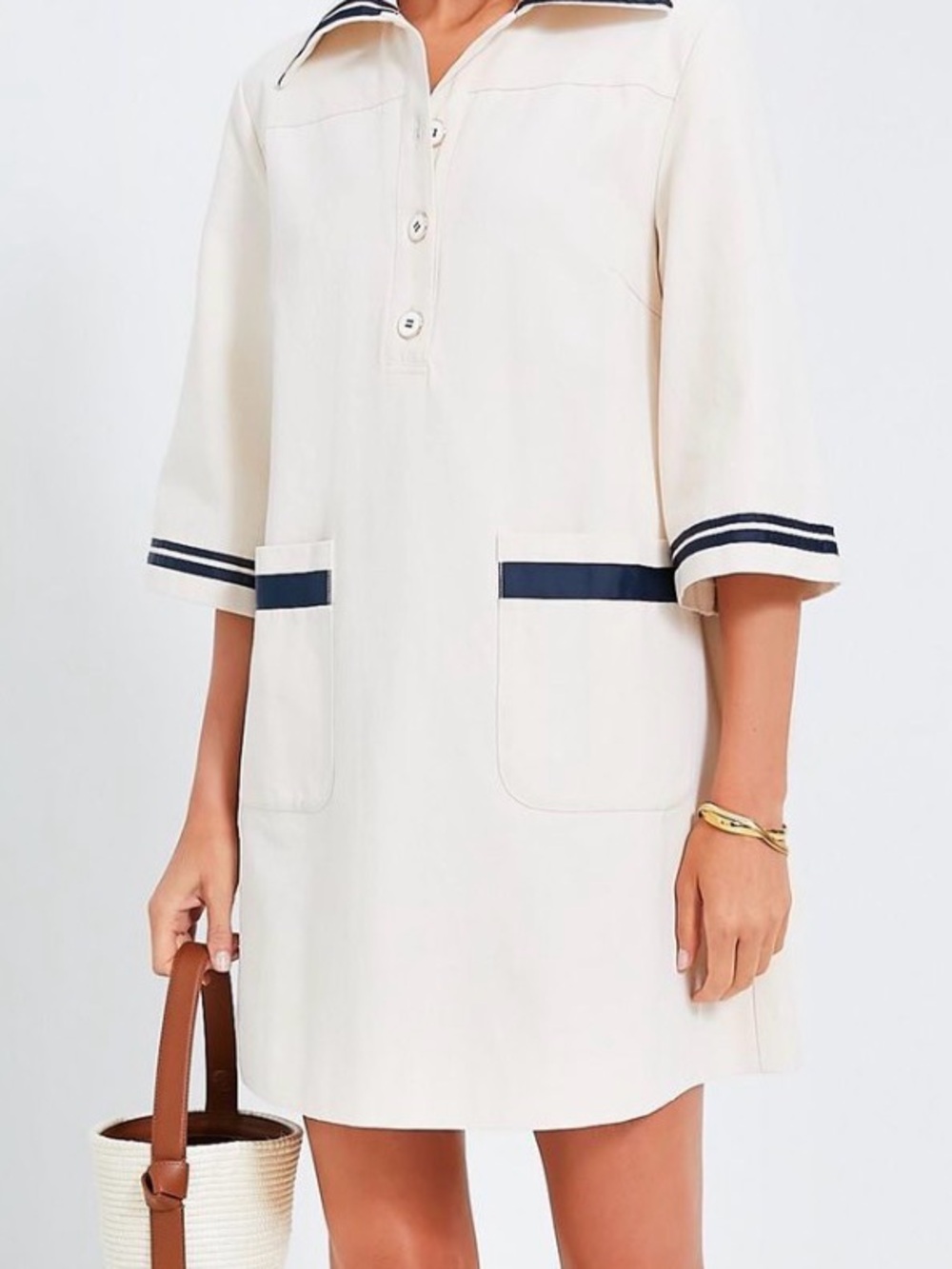 Tuckernuck Pomander Place Gardenia Cream Button-Front Tunic with Navy Trim XS